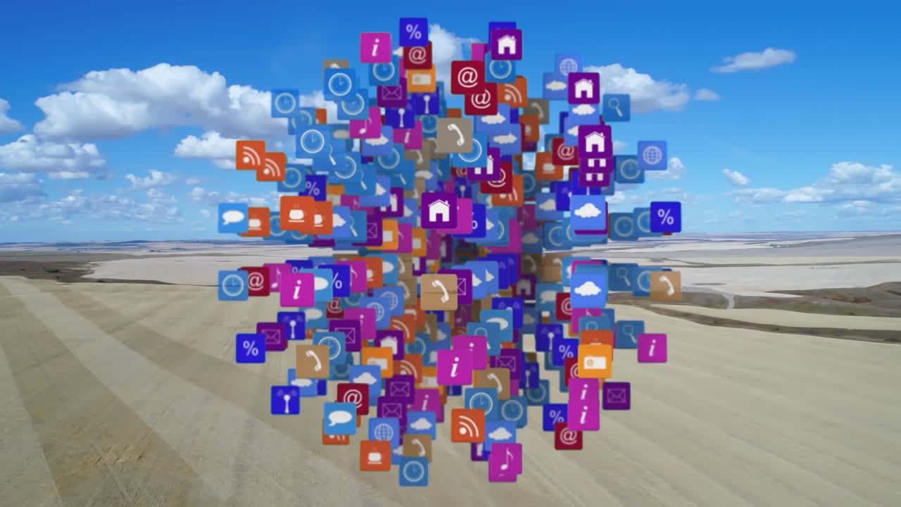 animación del globo con iconos digitales en línea flotando sobre el campo