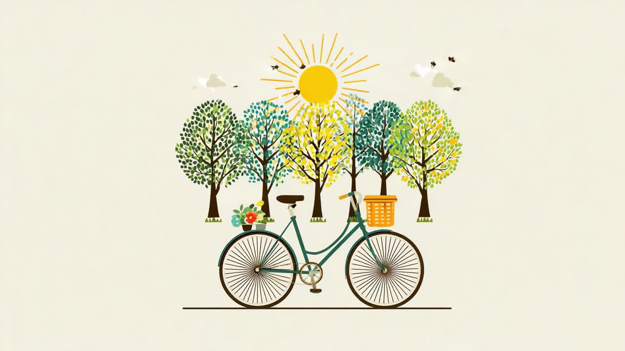 A Vibrant Scene Featuring a Bicycle Amidst Lush Green Trees, Bathed in Sunshine, Symbolizing Joy, Freedom, and the Beauty of Nature's Bounty on a Clear Day