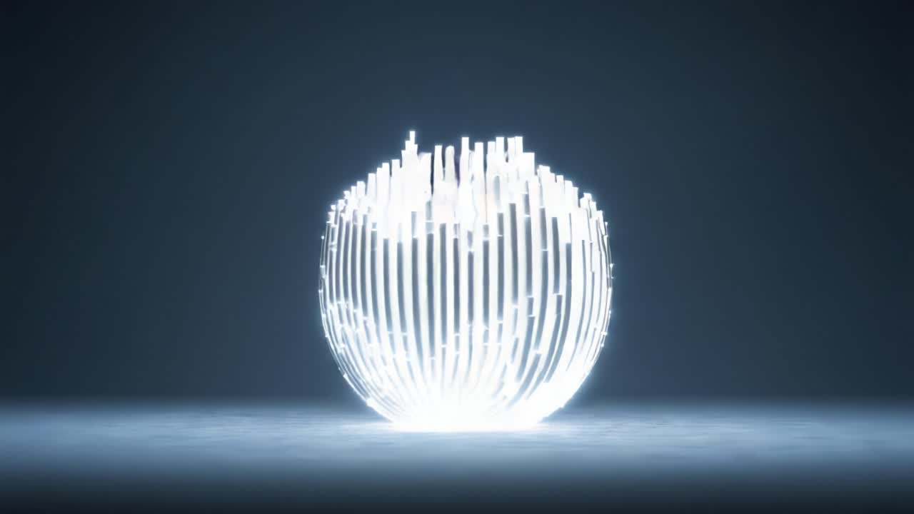 Abstract sphere composed of glowing white vertical light beams pulsating with energy in a dark environment, creating an elegant and futuristic visual effect for technology or science themes