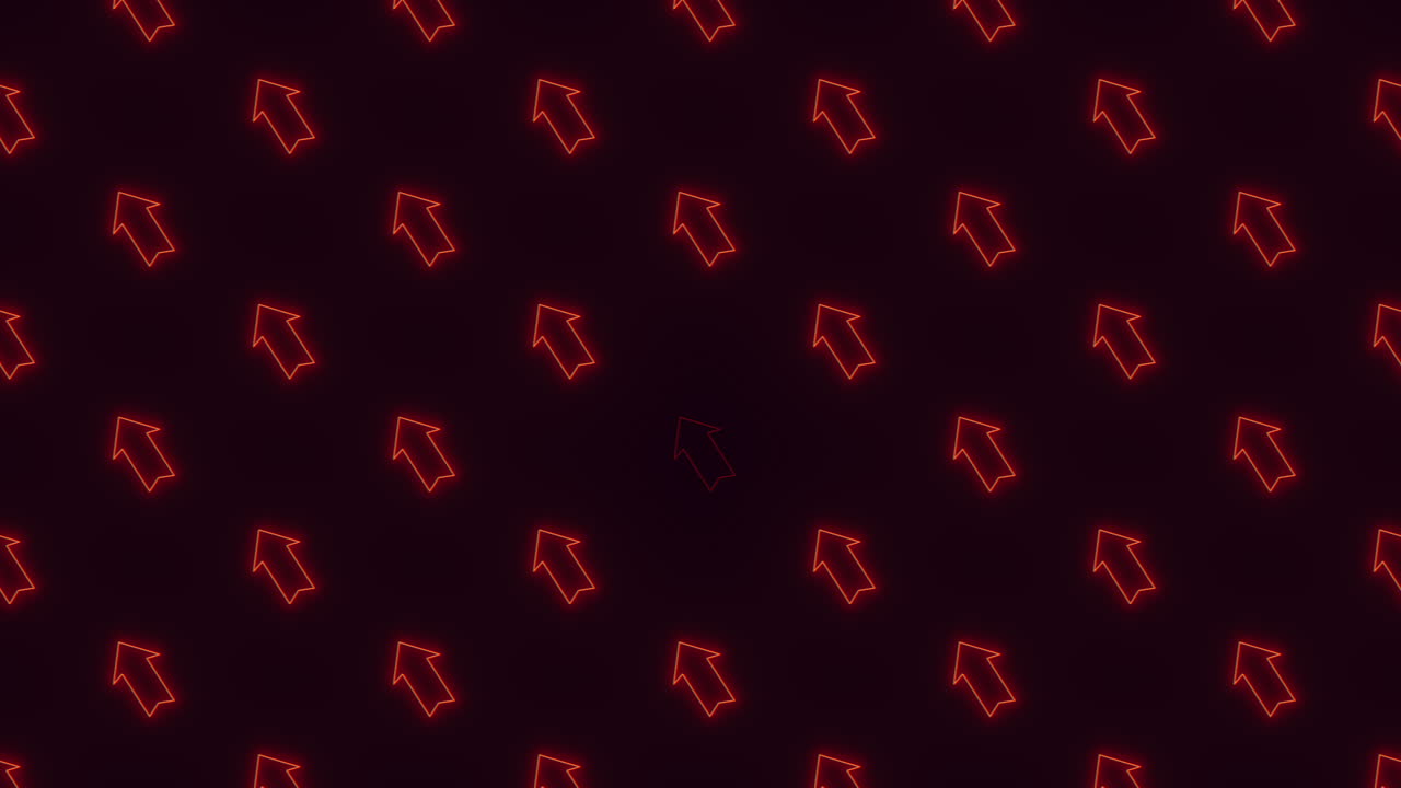 Et slående billede med røde pile arrangeret i et zigzag-mønster mod en sort baggrund, oplyst af et skarpt rødt lys, hvilket skaber en levende og dynamisk visuel oplevelse.