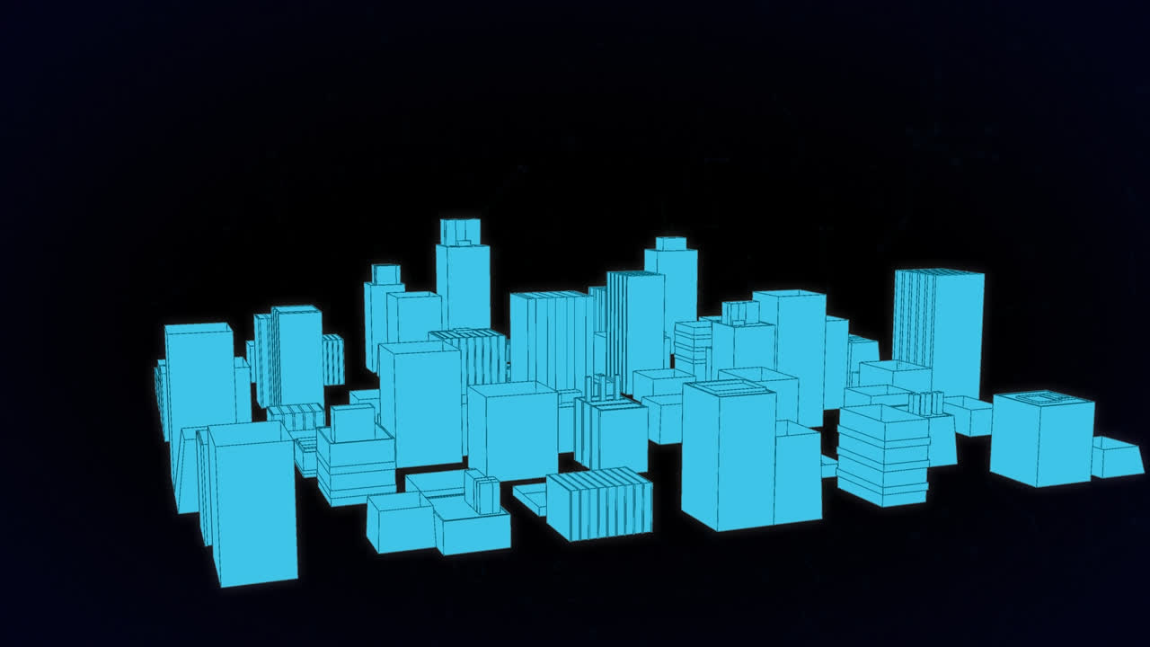 Animazione di un paesaggio urbano 3D che ruota su reti di connessioni su sfondo nero.