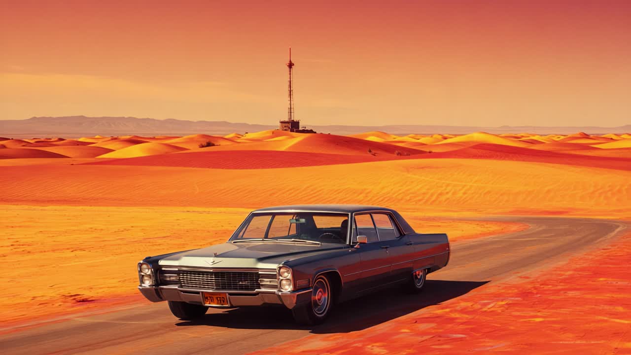 A Stunning Classic Car Traverses the Vibrant Red Sands of a Desert Landscape, Showcasing a Blend of Timeless Design Against a Unique Natural Backdrop