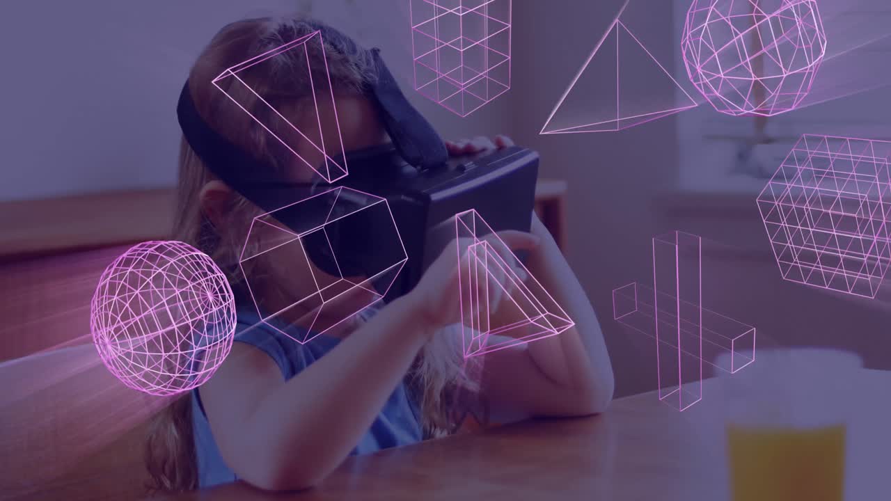 Animation of glowing 3d shapes of data transfer over caucasian girl in vr headset