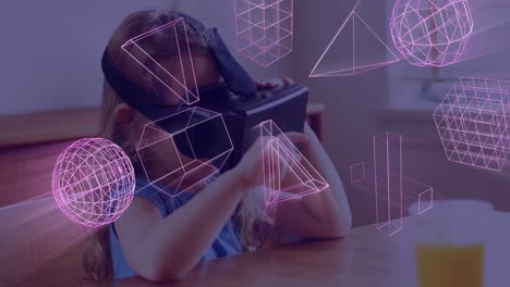 Animation-of-glowing-3d-shapes-of-data-transfer-over-caucasian-girl-in-vr-headset