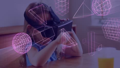 animation of glowing 3d shapes of data transfer over caucasian girl in vr headset