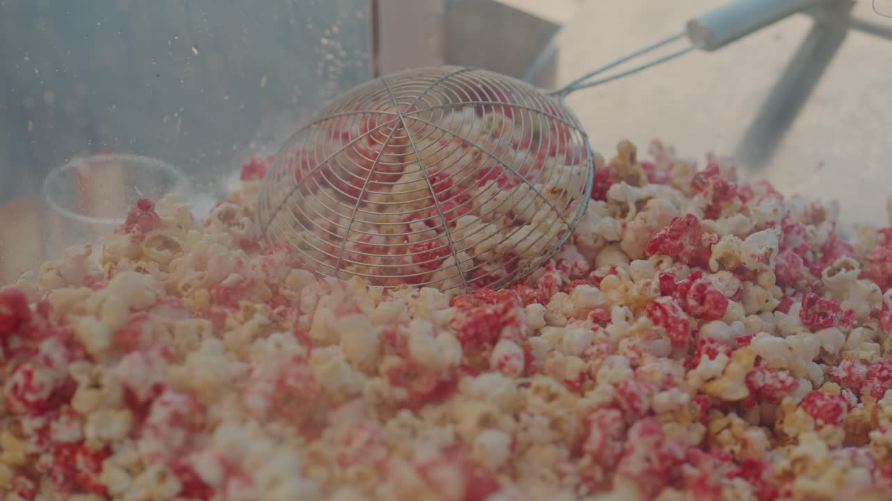Primer plano de palomitas de maíz rojas glaseadas mezclándose en una máquina de palomitas caliente