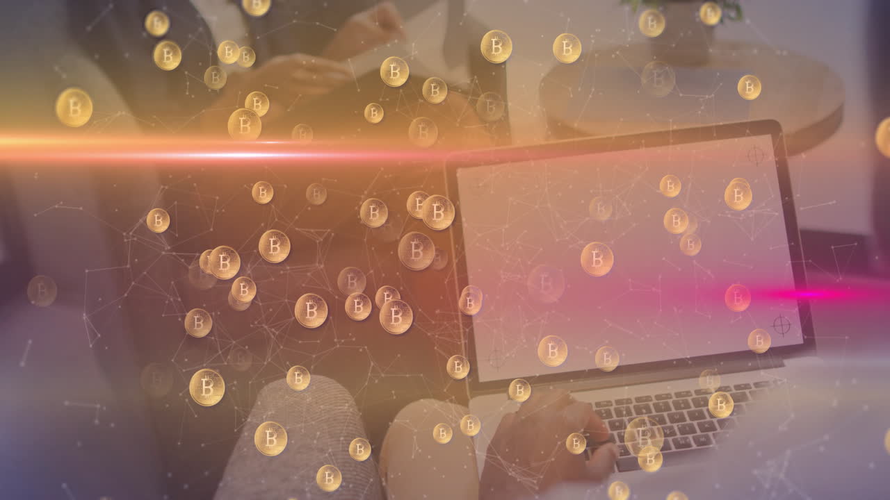 Bitcoin symbols and network animation over person using laptop at home