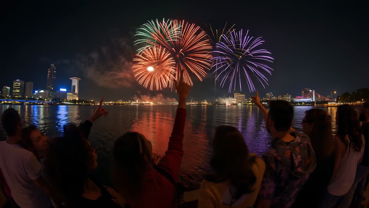 Watching friends on railing pointing at fireworks bursting on riverfront, skyline lights reflecting