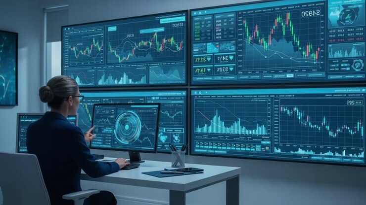 Analyzing Financial Data: A Professional Engaged in Data Visualization and Market Analysis Using Advanced Graphical Tools on Multiple Screens