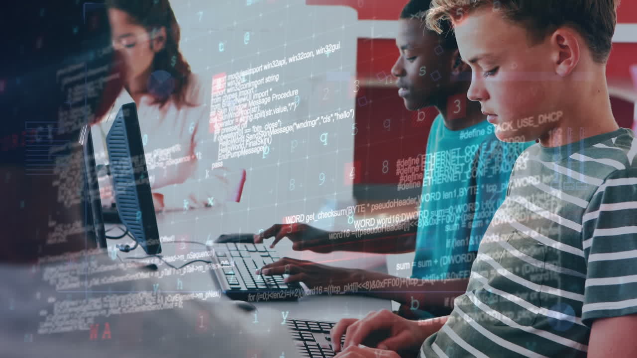 Animation of cyber security processing over caucasian boy using computer at school