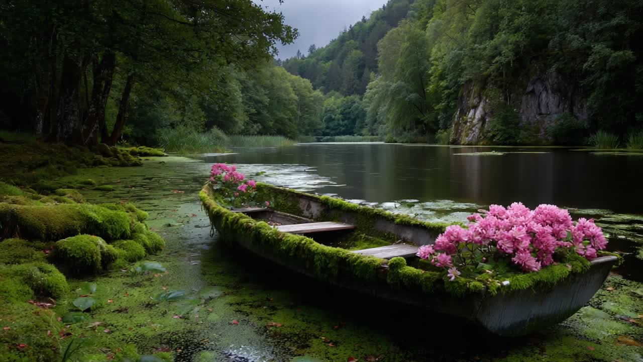 A Beautifully Overgrown Boat Adorned with Vibrant Pink Flowers on a Serene Lake Surrounded by Lush Greenery, Capturing the Tranquility of Nature's Beauty
