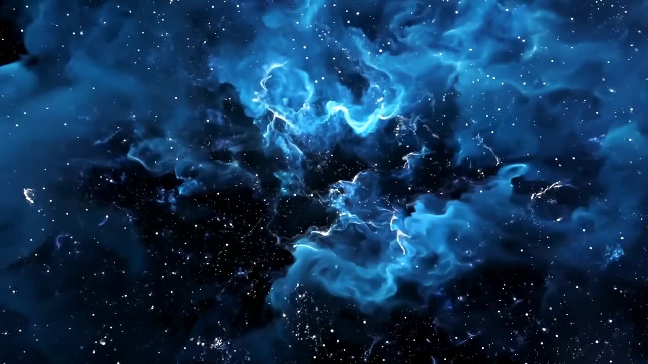 A mesmerizing cosmic video scene from a top-down angle, showcasing swirling blue nebulae and stars