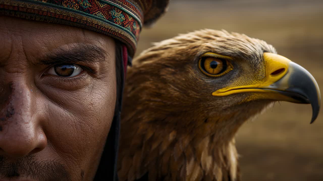 Sequence start, falconer and eagle watching while eagle shifting head on steppe, embroidered cap