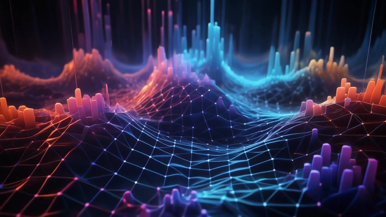 Abstract Digital Data Landscape with Glowing Network Grid