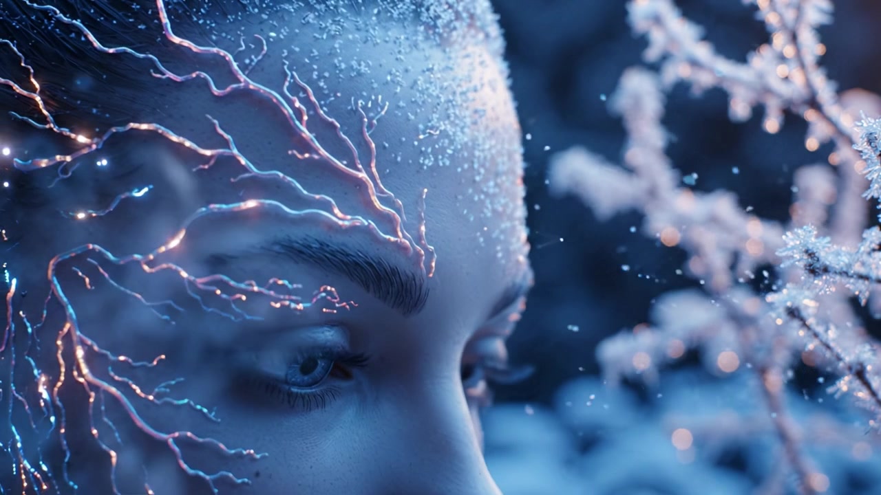 Et fantastisk portræt af et frostklart ansigt indhyllet i funklende iskrystaller og oplyst af et blændende lys, der fanger en mystisk vinterelegance og skønhed