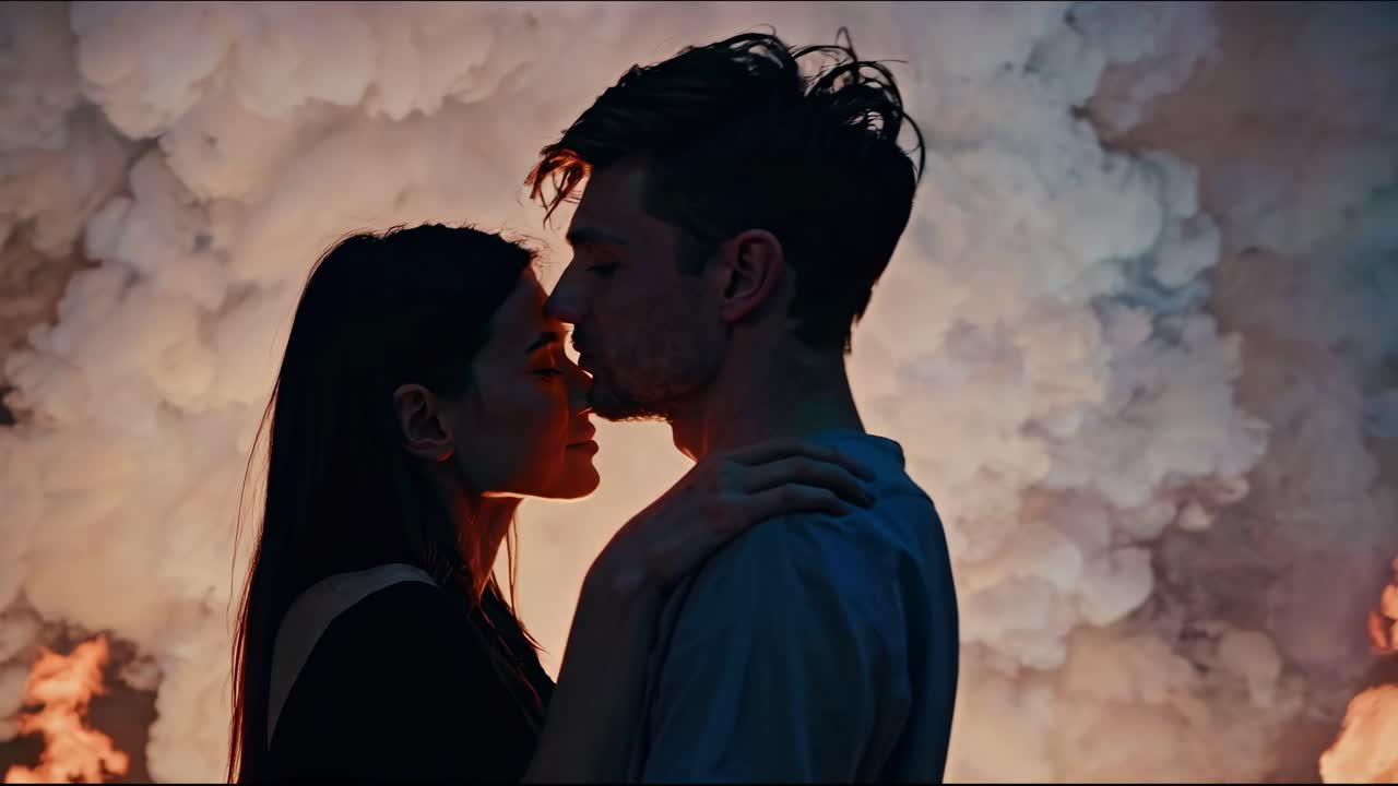 Couple Kissing in Fire and Smoke
