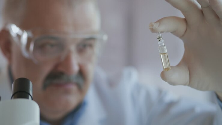 Immunization treatment Covid-19 Coronavirus. Close portrait of a male doctor in a protective glasses holding a test tube with the inscription vaccine covid 19 sars-cov-2 in his hand. High quality 4k footage