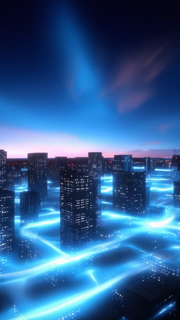 Futuristic Cityscape at Dusk: Illuminated Skyscrapers with Electric Blue Light Trails Creating a Stunning Urban Aesthetic in a High-Tech Environment