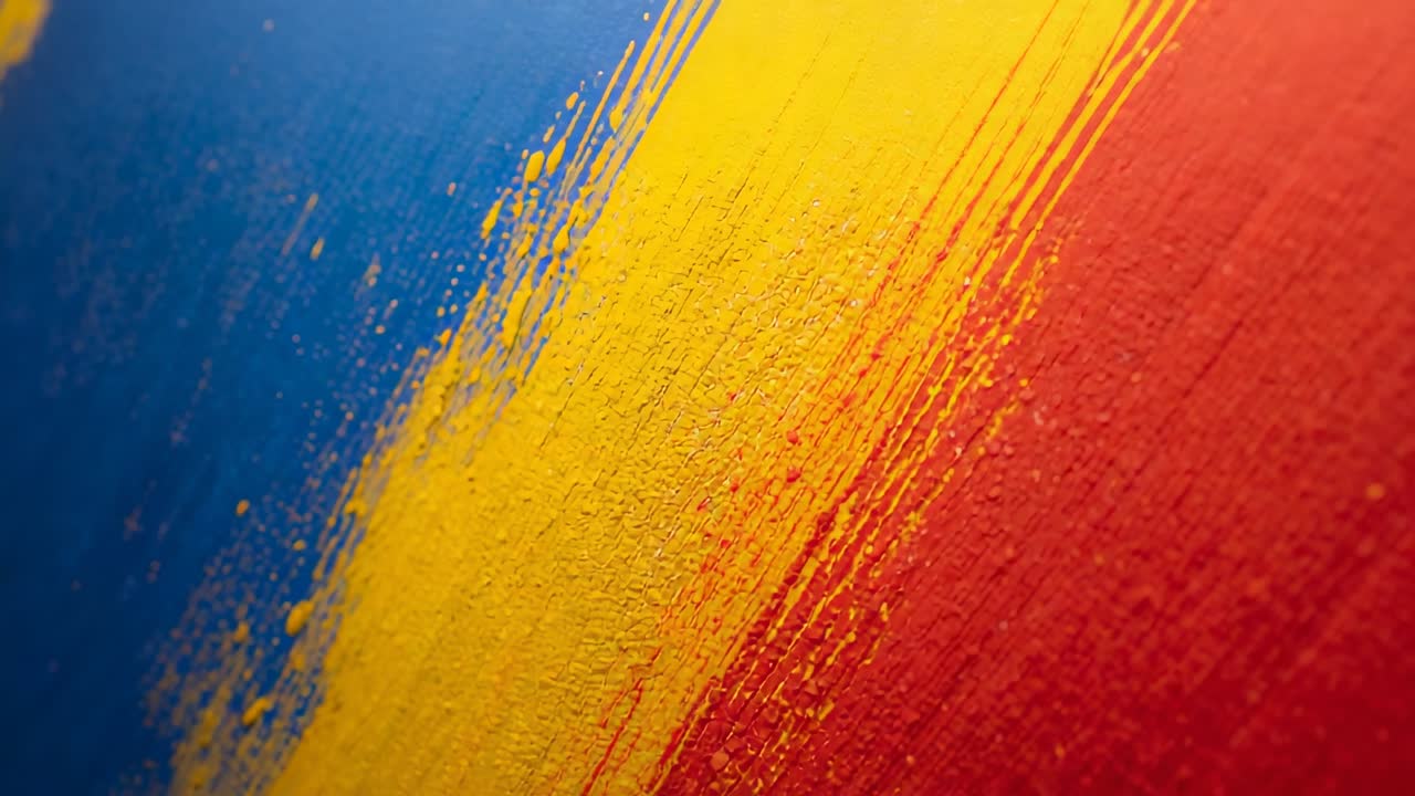 Avduking av malt panel som viser penselstrøk og dråper mens kameraet skifter fokus i studio.