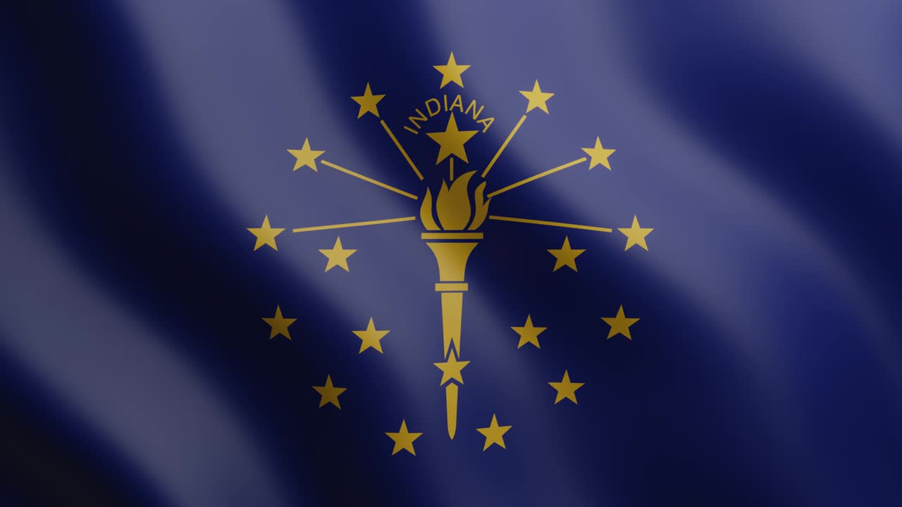 Bandiera 3D sventolante dello stato americano dell'Indiana. Bandiera nazionale che sventola al vento. Video clip animato 4K realistico in loop continuo.