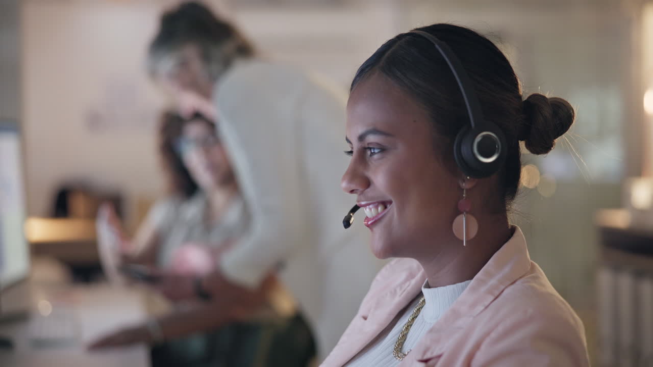 Night, call center or happy woman consultant