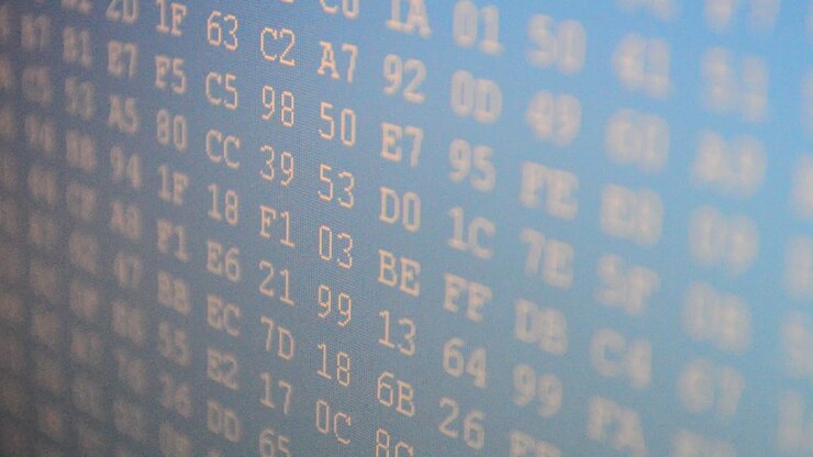 Shooting of the binary. Table of the binary. Hexadecimal program code on screen. Animated background of moving binary code numbers