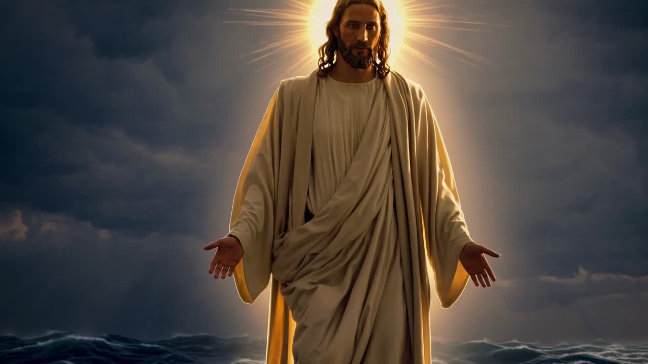 Religious figure standing on turbulent waves, arms outstretched, luminous halo radiating divine power against stormy sunset backdrop, symbolizing spiritual transcendence and inner peace
