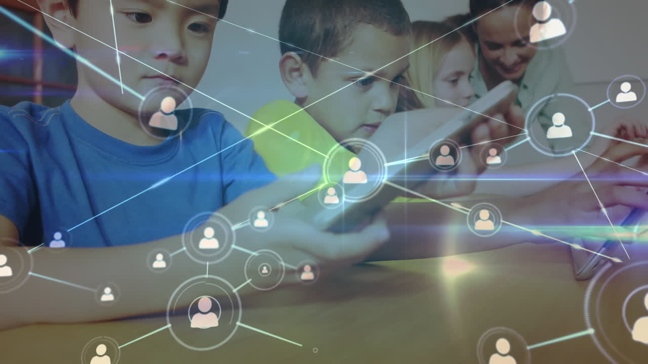 태블릿을 사용하는 교사와 학교 어린이를 통한 연결 네트워크의 활성화