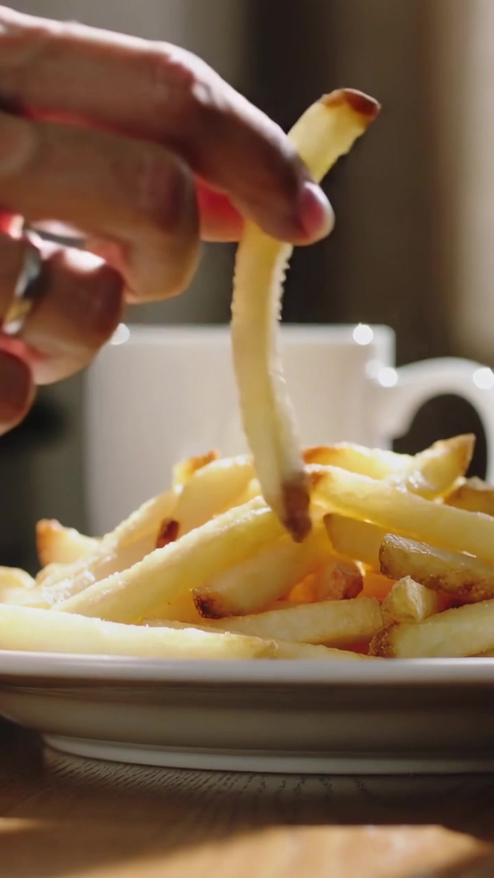 Vertical video: Framing hand skimming fries on table pinching lifting fry with ring, mug steaming