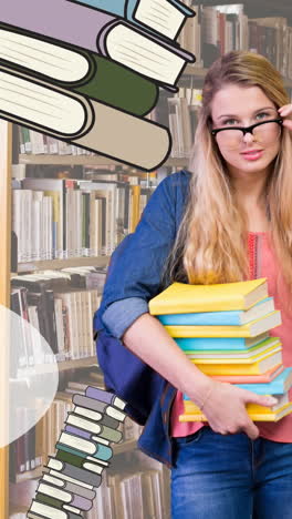 animation of welcome back to school text and books falling over caucasian female student with books