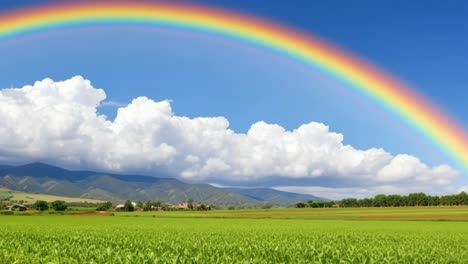 verdant cornfield thriving beneath colorful rainbow, surrounding rural landscape featuring distant mountains and white fluffy clouds, representing agricultural fertility and natural beauty