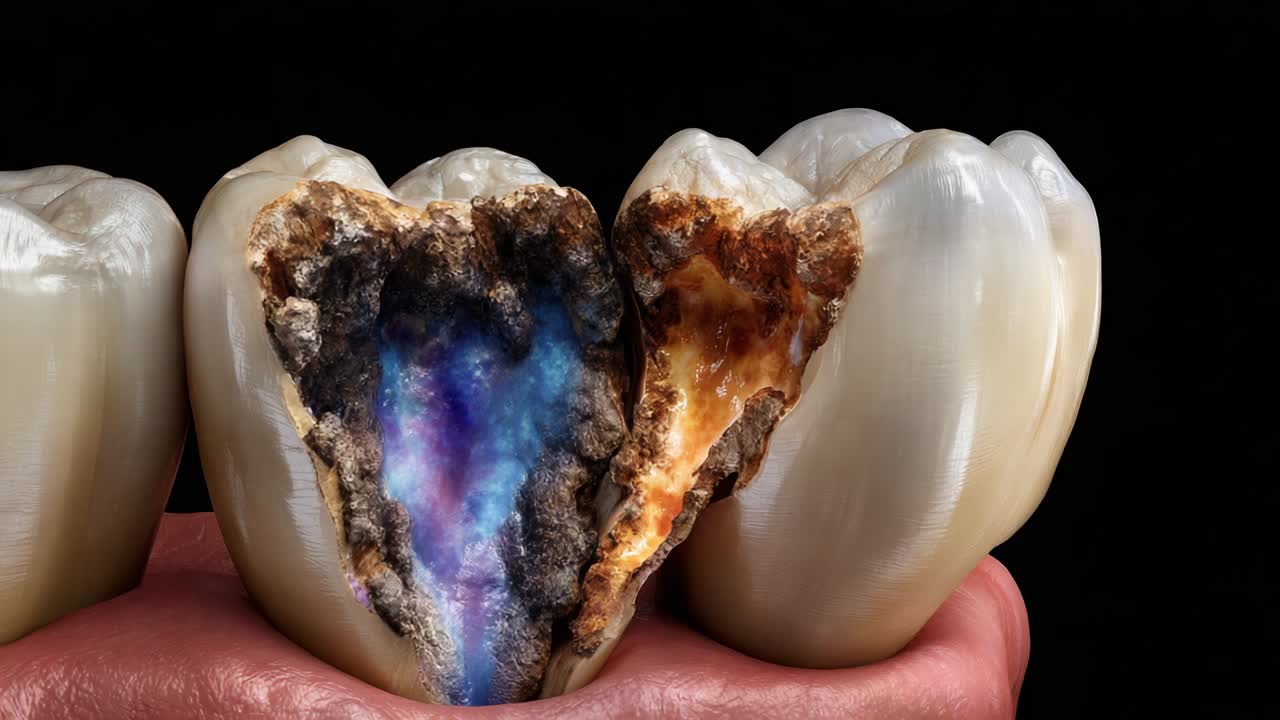 An Intriguing Examination of Dental Structures Showcasing Cavities Filled with Dazzling Crystals and Colorful Minerals, Portraying Unique Geological Patterns Found within Natural Tooth Anatomy