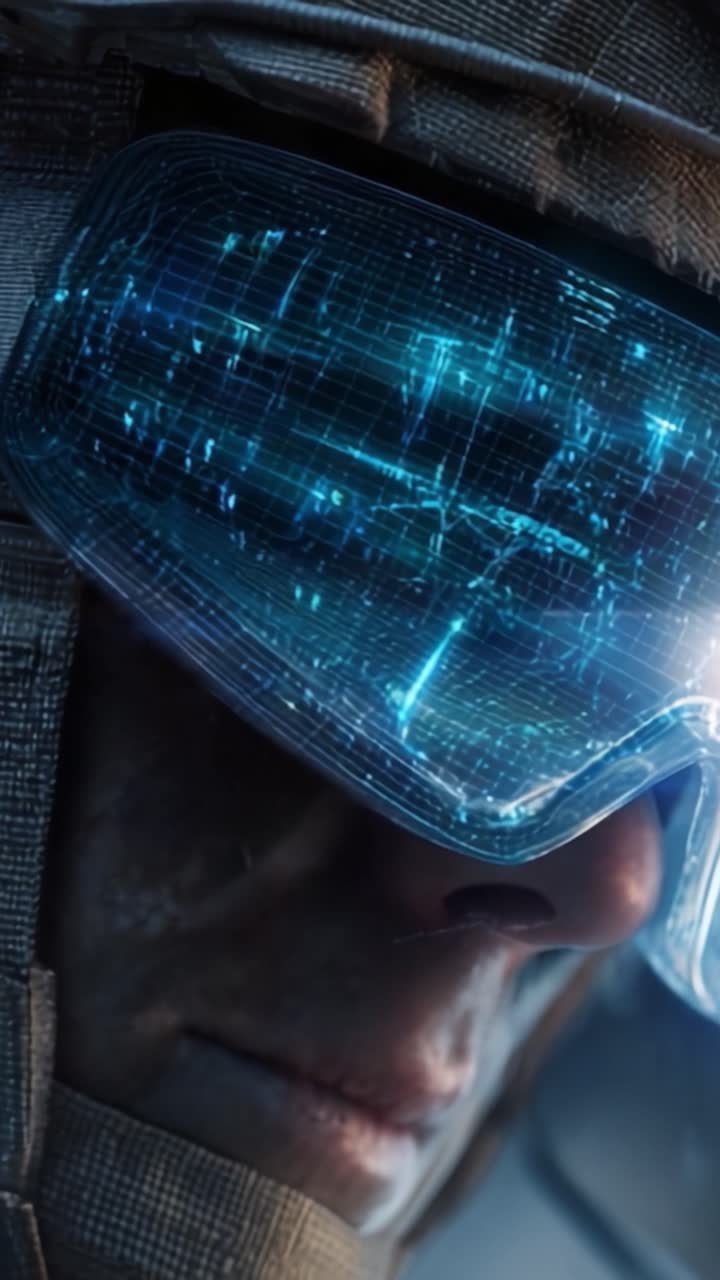 A Close-Up View of a Futuristic Soldier with High-Tech Visor Displaying Advanced Digital Interfaces and Data, Capturing the Essence of Modern Warfare and Technology