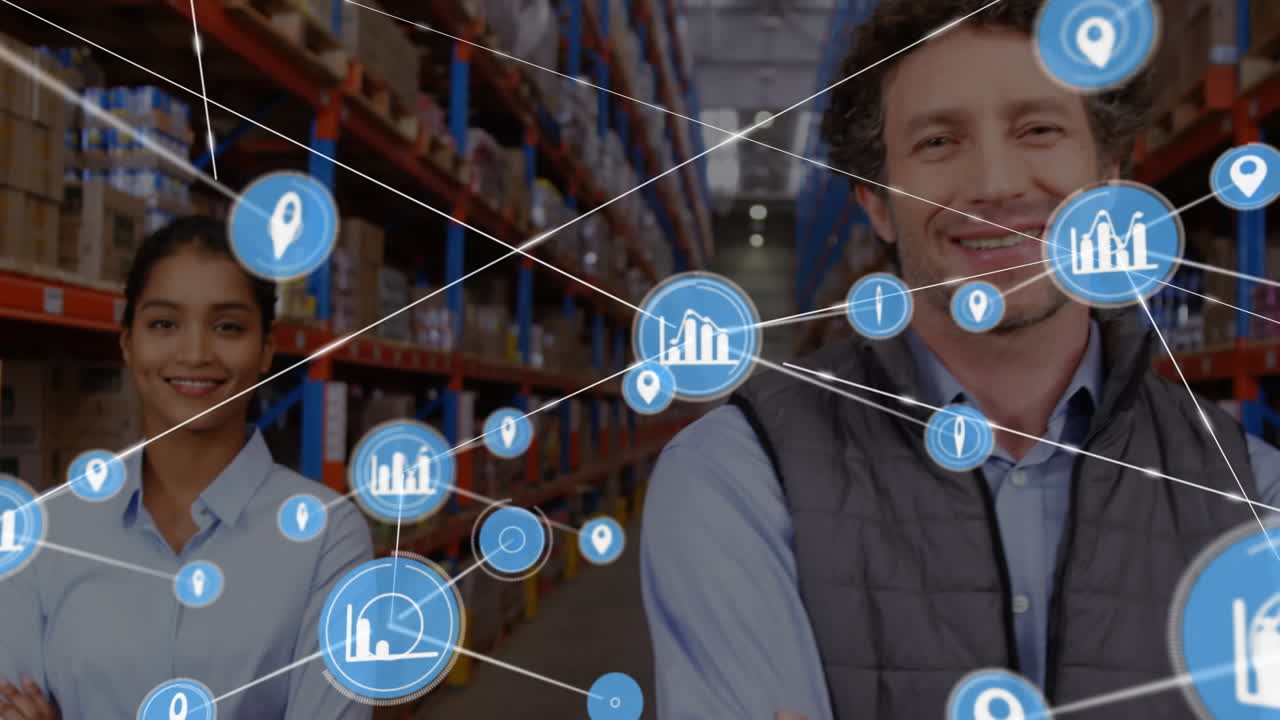 animación de la red de conexiones con iconos sobre diversas personas de negocios que trabajan en el almacén