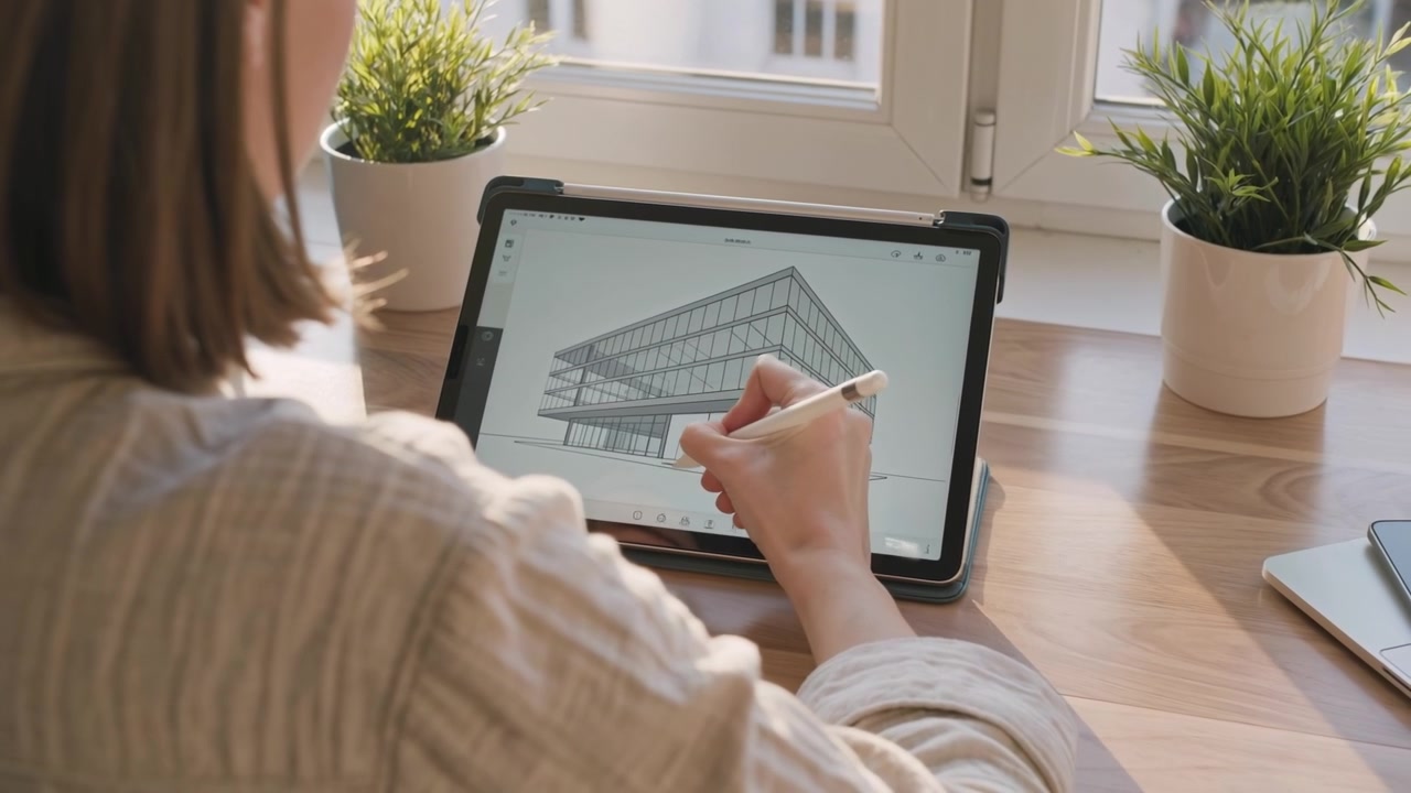 Architect drawing a building design on a digital tablet with a stylus at a desk with plants