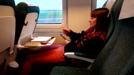 the girl in the railway carriage of the high-speed train.