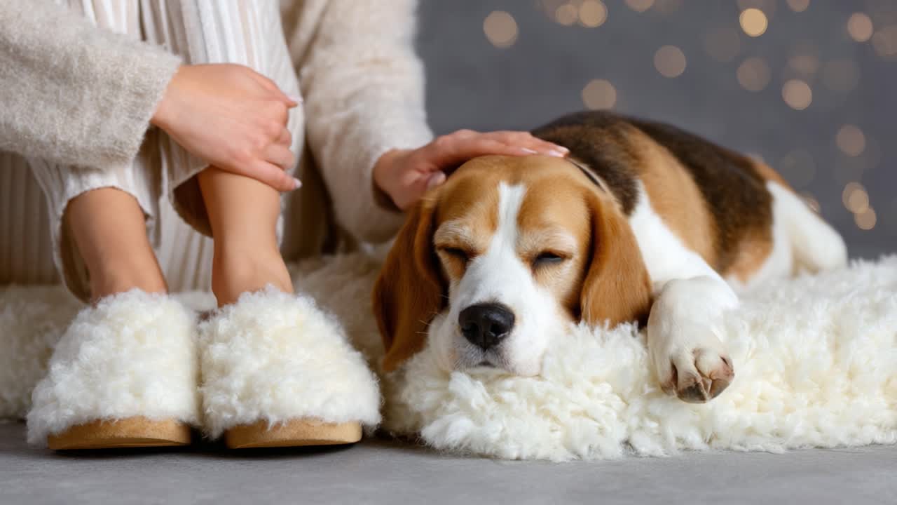 A Cozy Moment of Relaxation: A Person Comfortably Sitting with a Sleeping Beagle Dog on a Soft Rug Surrounded by a Warm Atmosphere of Soft Lighting