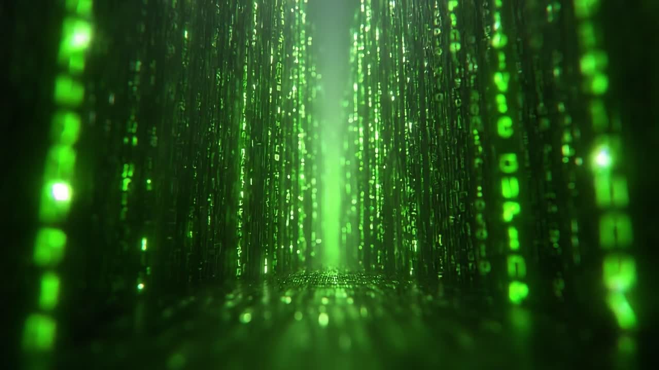 Immersive Digital Environment: A Glimpse into a Futuristic Matrix of Green Code Representing Data Streams and Electronic Communication