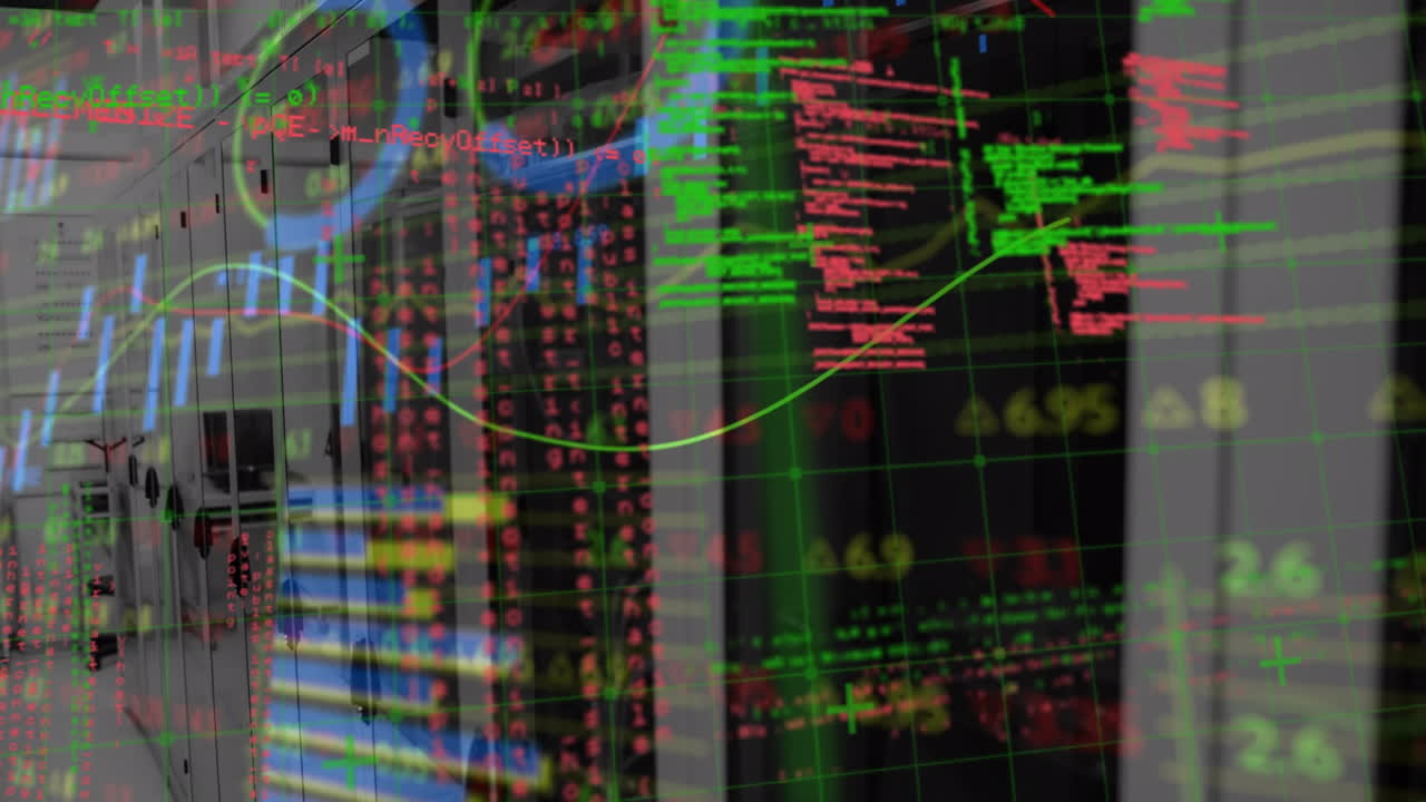 Animazione di elaborazione dati e diagrammi su una sala server