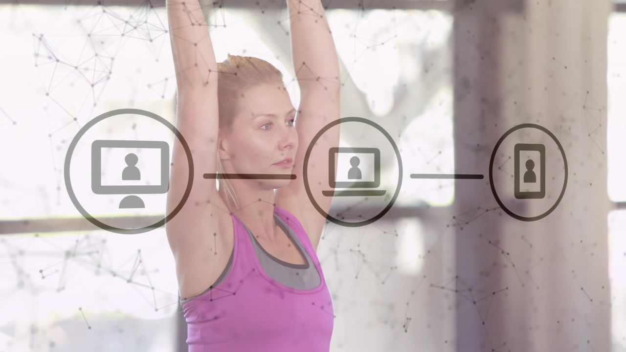 Woman picking dumbbells and curling then pressing with network icons showing device connectivity