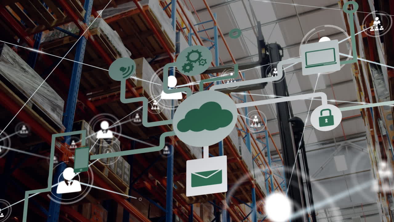 animación de la red de conexiones con iconos sobre el almacén