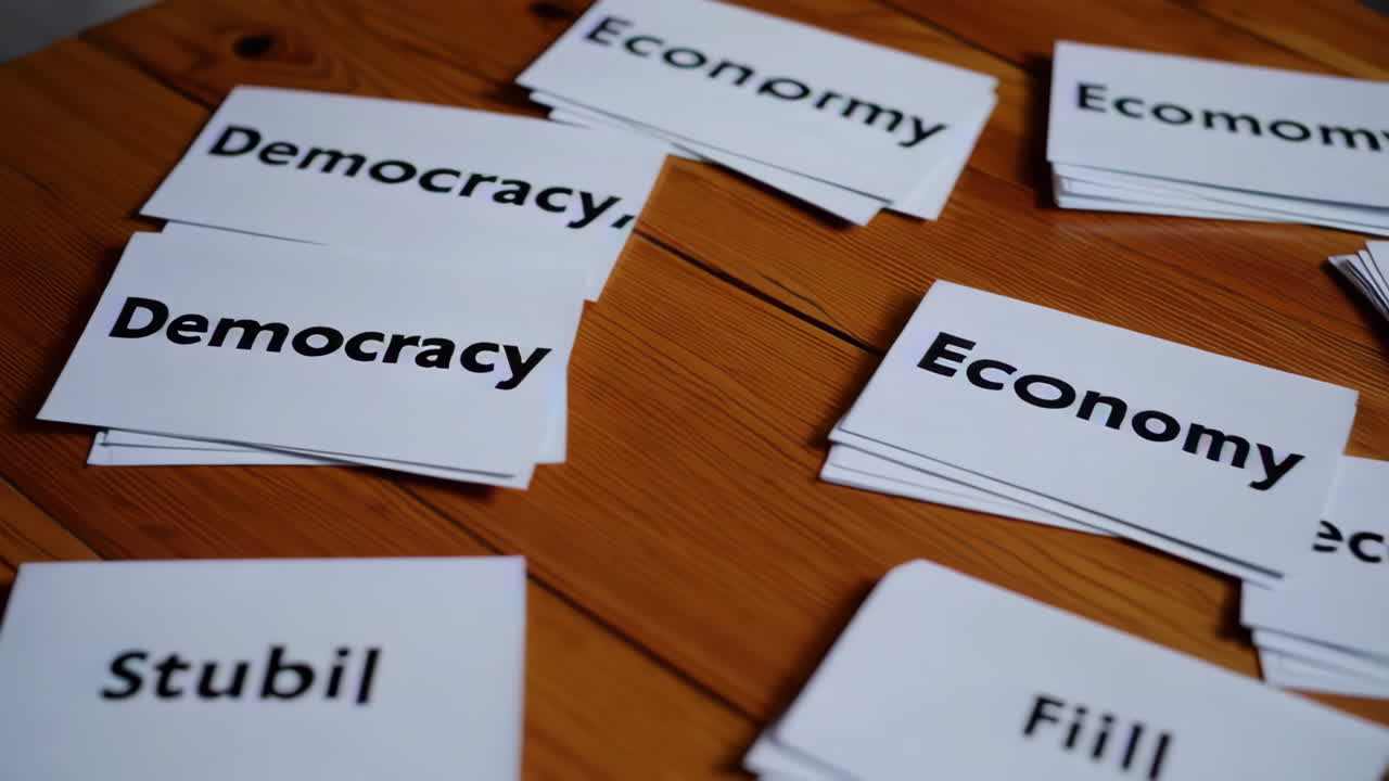Cards with words related to economy and democracy