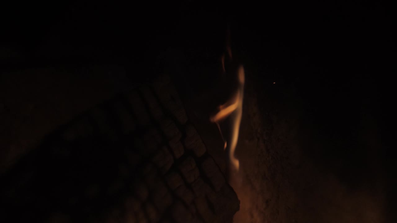 fuego en una chimenea a cámara lenta con trozos de madera a través de una parrilla de azulejos