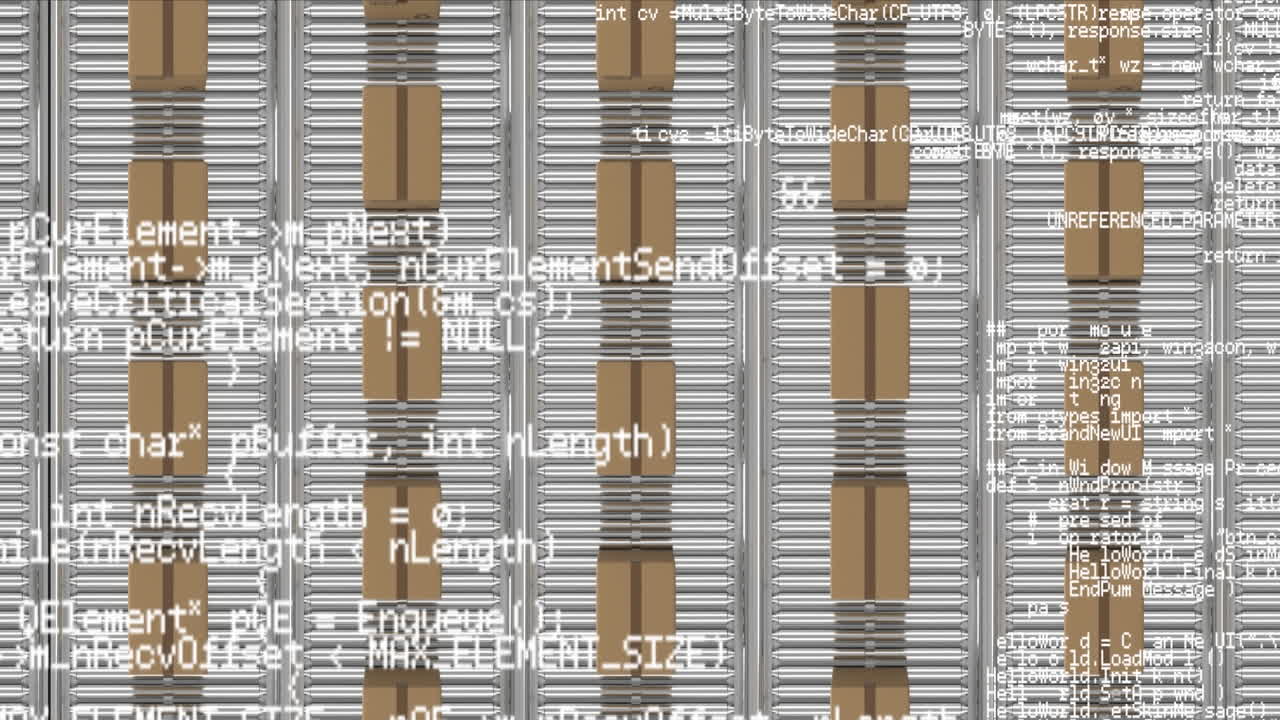 Animation of data processing over cardboard boxes on conveyor belts
