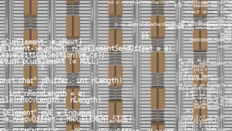Animation of data processing over cardboard boxes on conveyor belts