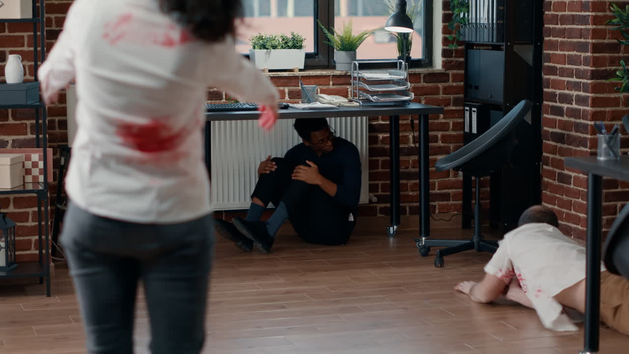 Afraid businessman hiding under table from hungry brain-eating monsters