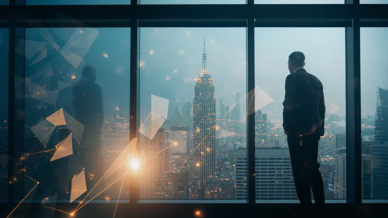 Mand i jakkesæt ser på skyline fra vinduet på kontoret, mens partikler pulserer, ESB, copy space