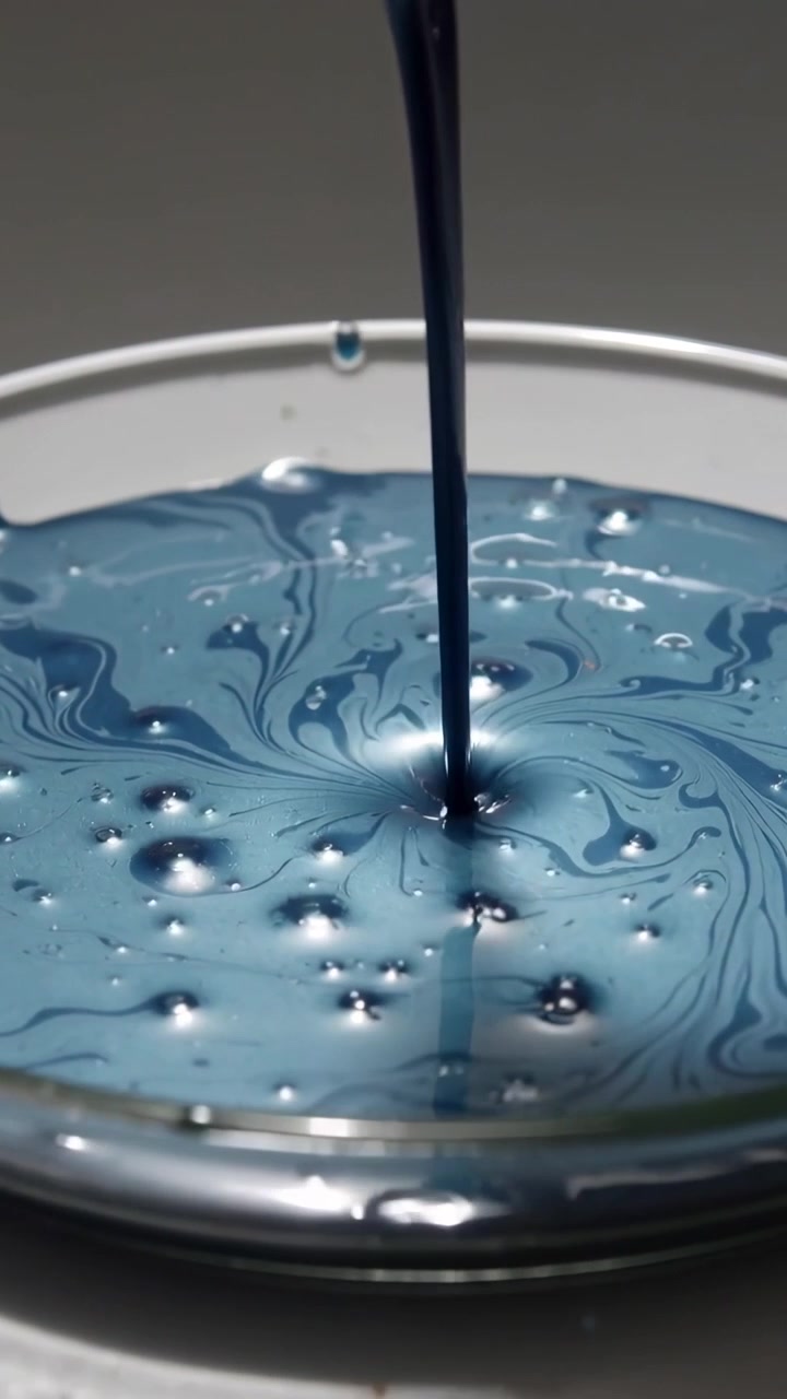 Vertical video: Pouring metallic blue stream making ripples in clear dish with spout under lights