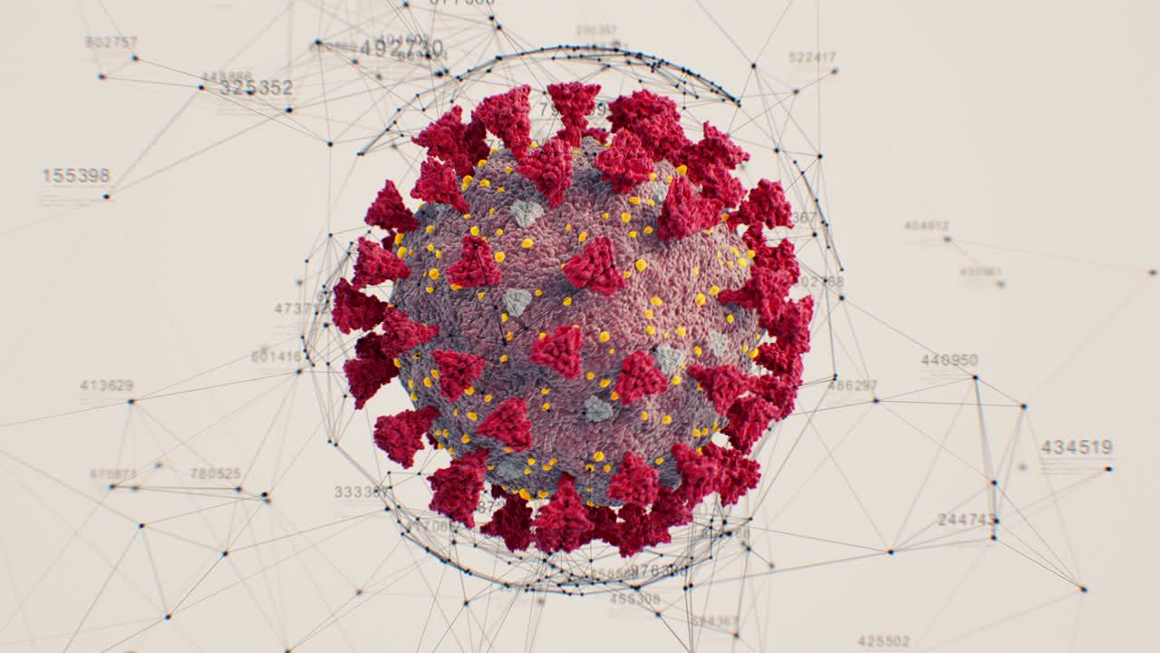 ilustración de modelo científico de coronavirus covid-19 sin costuras. animación en 3d en bucle del virus de la corona 2019-ncov en primer plano con estructura digital tecnológica de red giratoria.