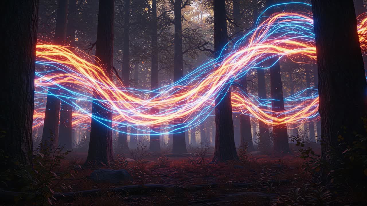 A mesmerizing display of vibrant swirling lights weaving through a serene forest, creating a captivating contrast against the darkened trees and enchanting fog
